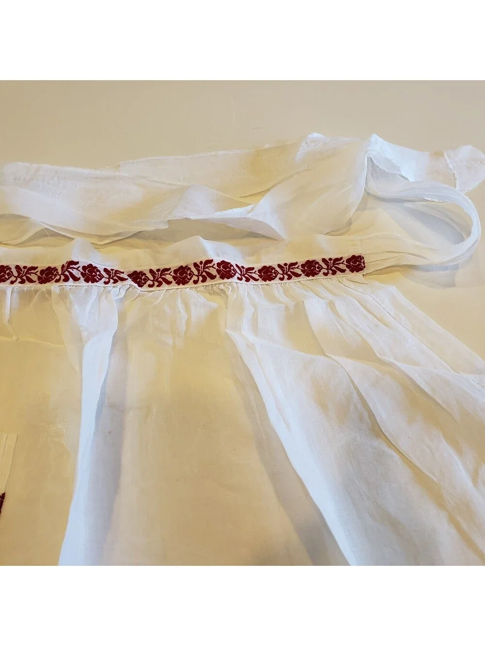 Vintage Chiffon Apron Red Woven Ribbon Lace Accents Pocket Kitsch Organdy